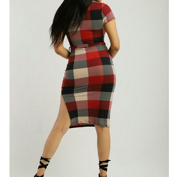 Plaid Midi Tee Dress- Red - Picture 2 of 2